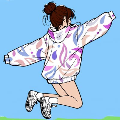 realistic girl jumping with a bun and oversized sweatshirt