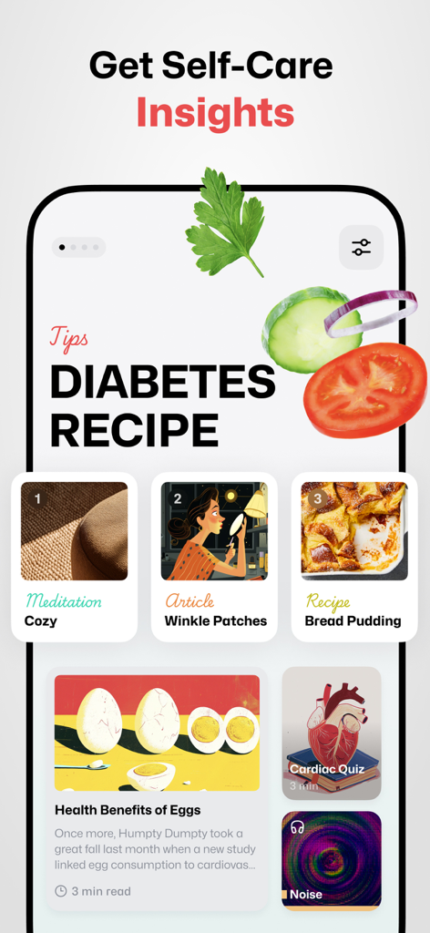 Well Up app screen showing self care insights and health articles including diabetes recipes
