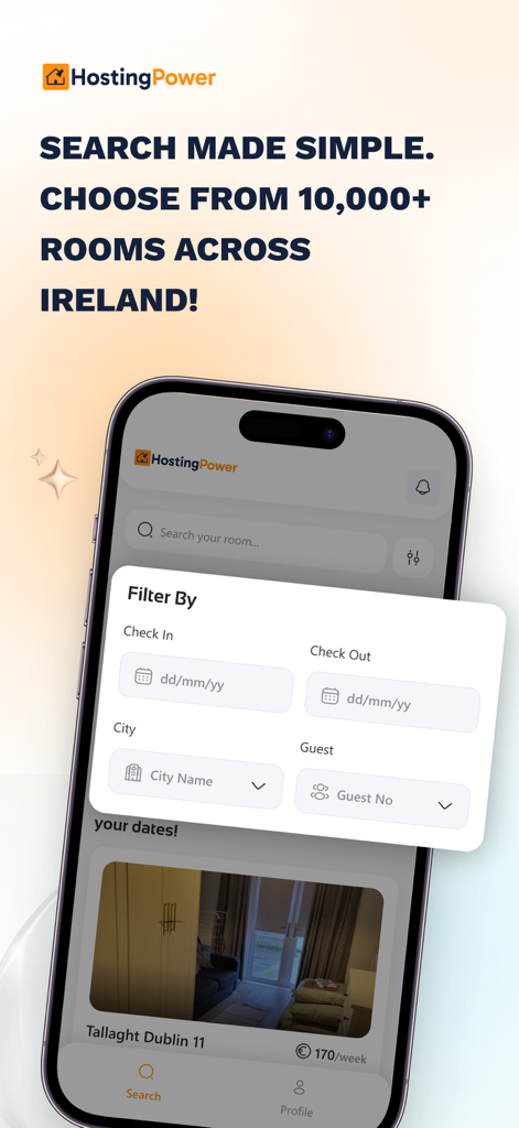 Hosting Power App-Oberfläche, die Zimmer-Suchfilter für Daten und Stadt mit Angeboten in Irland anzeigt
