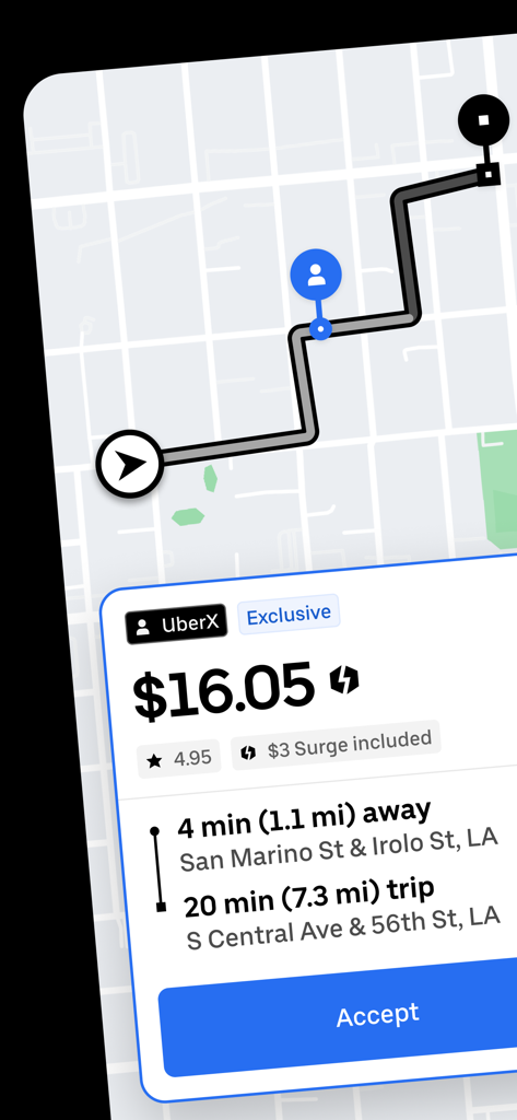 Uber Driver app interface displaying a trip request with earnings surge pricing and navigation map