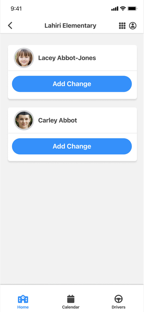 Raptor Safe - Raptor Safe app interface for managing student dismissal plans at Lahiri Elementary school