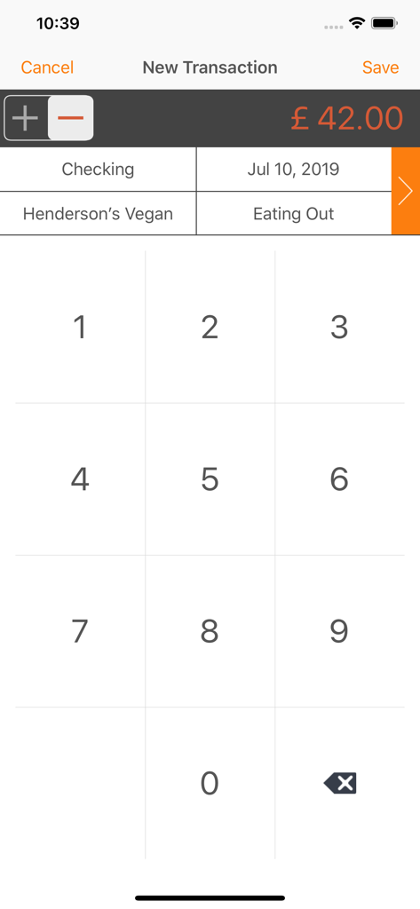 Interface do aplicativo móvel Moneydance mostrando a tela de entrada de nova transação com um teclado numérico e campos para conta, data e categoria.