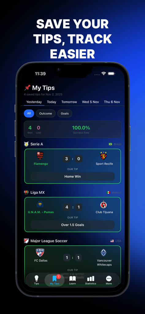 TipFever - AI Betting Tips - Pantalla de la aplicación TipFever que muestra consejos de apuestas de fútbol guardados y un rastreador de tasa de éxito del 100 por ciento.