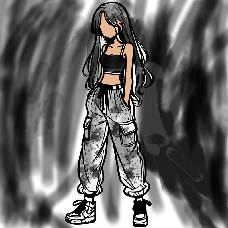 girl in baggy pants crop top and long hair