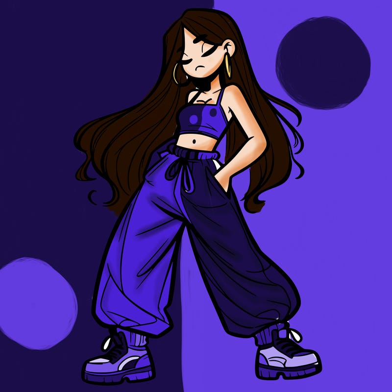 girl in baggy pants crop top and long hair