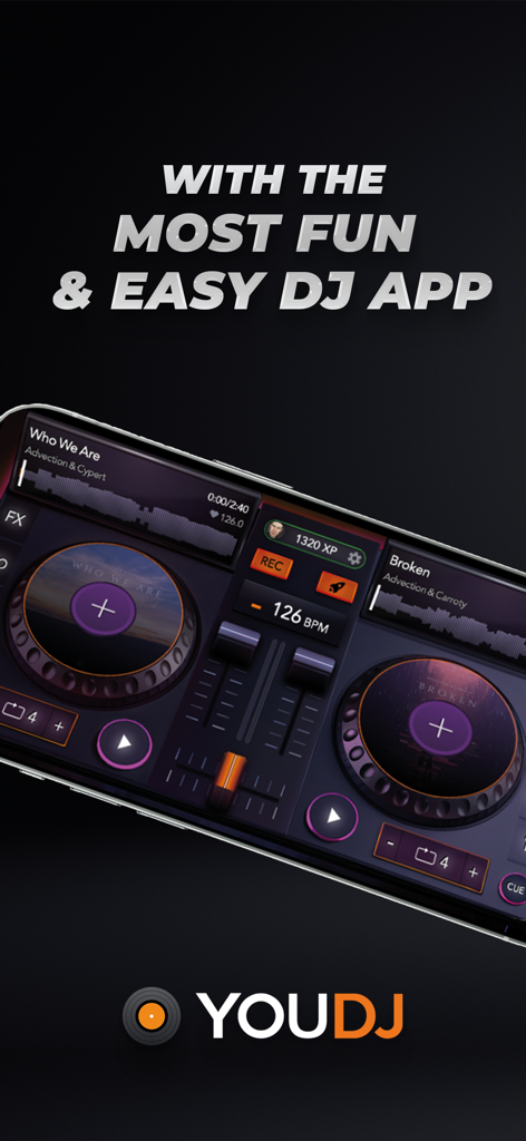 YouDJ Mixer app interface displayed on a mobile phone showing digital turntables and mixing controls