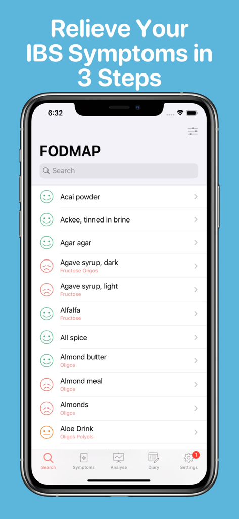 A mobile app interface for the Low FODMAP diet showing a list of foods with safety status icons for IBS relief.