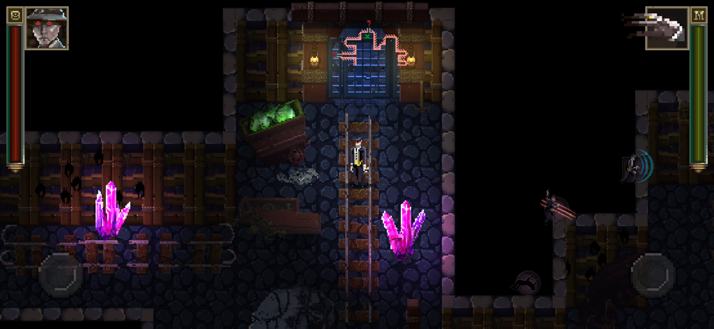 A detective character explores a dark mine with glowing purple crystals in Lovecrafts Untold Stories