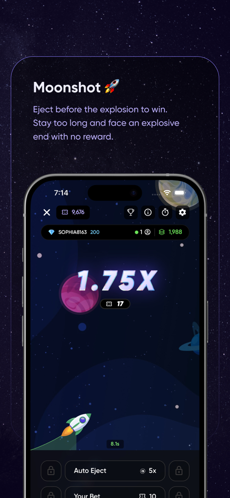 Yotta: Play and Win. - Yotta Moonshot game screen showing a rocket flying in space with a multiplier and an eject button