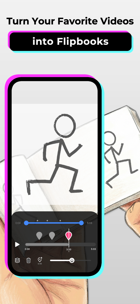 Smartphone displaying the AR Video Trace interface for converting videos into hand-drawn flipbooks