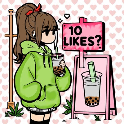 girl with oversized hoodie drinking boba and she has a high ponytail with a sign that says 10likes?