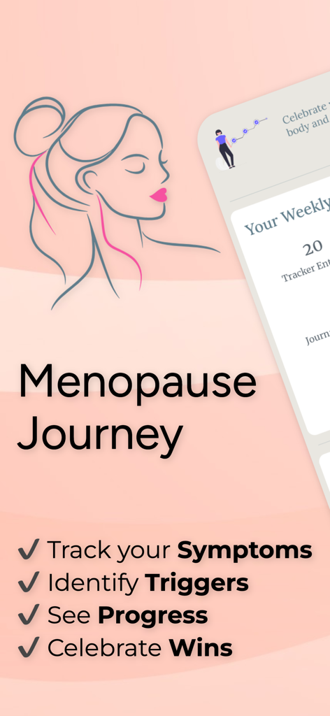 Menopause Journey app introduction screen listing key features including symptom tracking and trigger identification.