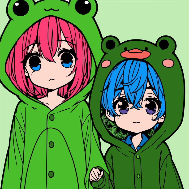 a anime girl in a frog onesie and a boy, and a duck onesie