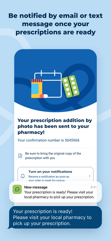 Familiprix - A smartphone screen showing a text message notification that a prescription is ready for pickup at the pharmacy