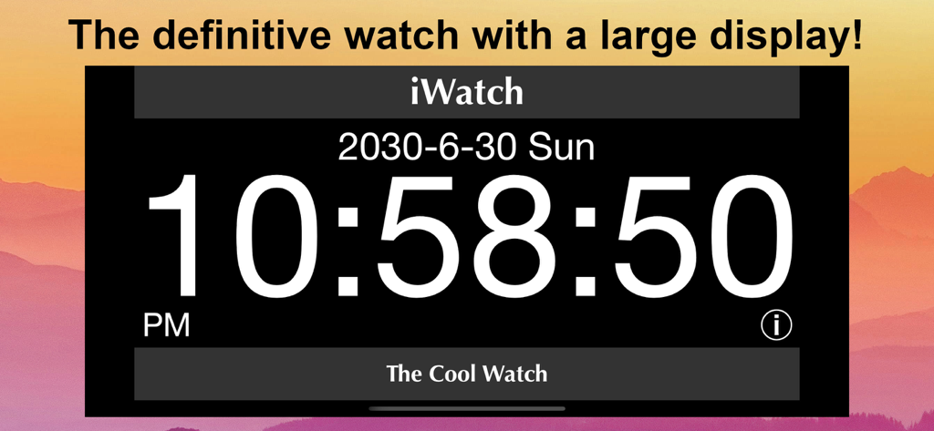 iWatch - The Cool Watch - iWatch 앱의 디지털 시계 인터페이스로, 시간과 날짜가 표시되는 크고 고대비 디스플레이가 특징입니다.