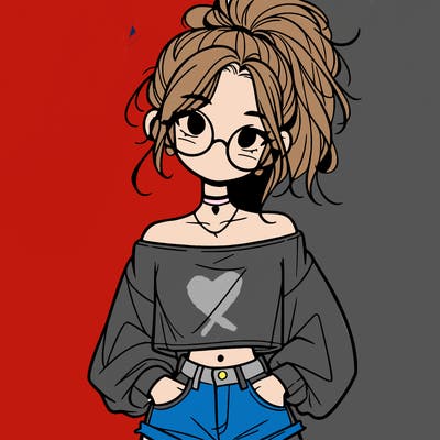 girl with a messy ponytail glasses a baggy crop top and jean shorts