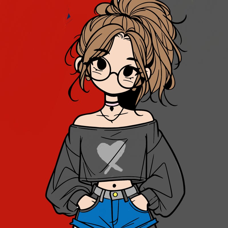 girl with a messy ponytail glasses a baggy crop top and jean shorts