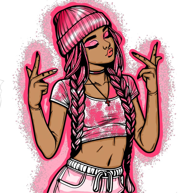 realistic teenage girl with braids and a beanie and crop top doing 🫶🏼