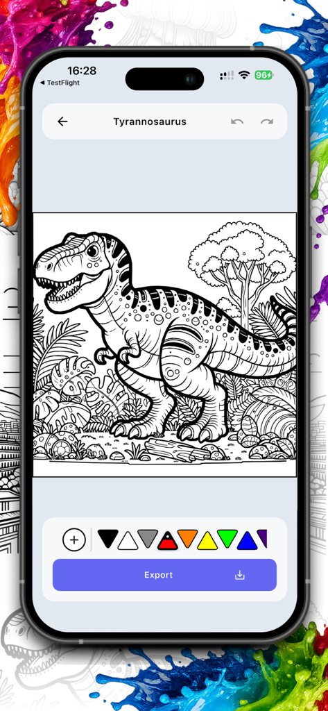 Coloring Book: Paint & Art - Una página para colorear de Tyrannosaurus Rex en la interfaz de la aplicación Libro de Colorear con una paleta de colores debajo