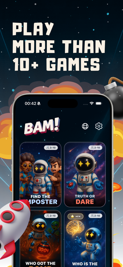 Imposter & Party Games - BAM! - Interface of the BAM app showing various party games like Find the Imposter and Truth or Dare