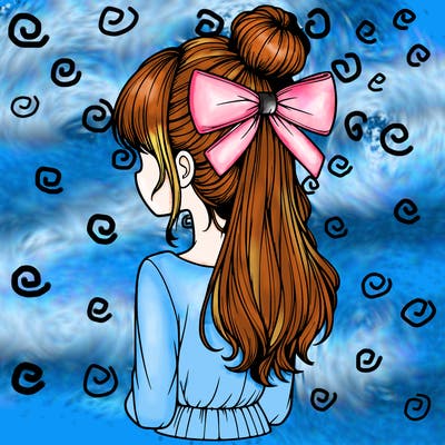 realistic girl  with hip length hair a bun and a big bow on the back of head