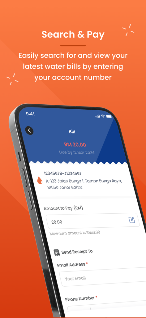 MySAJ 2.0 - Mobile screen of MySAJ 2.0 app showing water bill payment details for a property in Johor