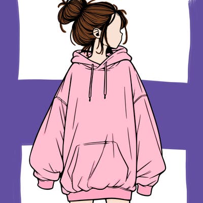 realistic girl with a oversized sweatshirt on and a bun