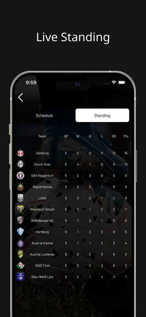 Interfaz de la aplicación Football Live Score que muestra una tabla de clasificación de liga en vivo con clasificaciones de equipos y puntos.