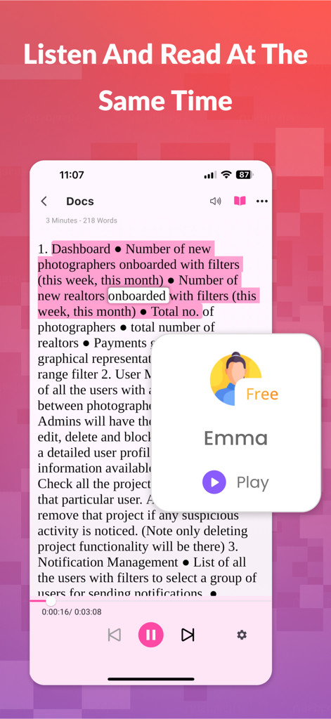 Crikk app interface showing simultaneous reading and listening with word highlighting