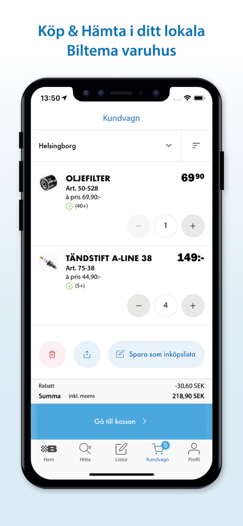 Biltema - Interfaz del carrito de compras de la aplicación móvil de Biltema mostrando piezas de automóvil como filtros de aceite y bujías con un botón de pago
