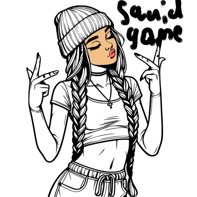 realistic teenage girl with braids and a beanie and crop top doing 🫶🏼