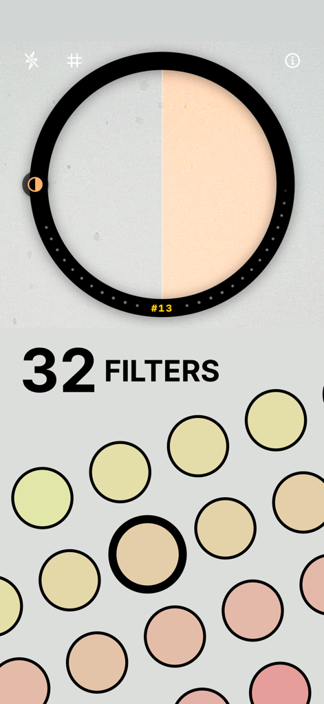 Interfaz de la aplicación Cámara de Acuario que muestra treinta y dos filtros de lente profesionales para corrección de color