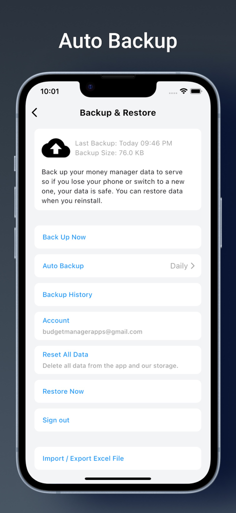 Money Manager: Budget Tracking - Interface for the Money Manager app showing options for auto backup, data restoration, and Excel export.