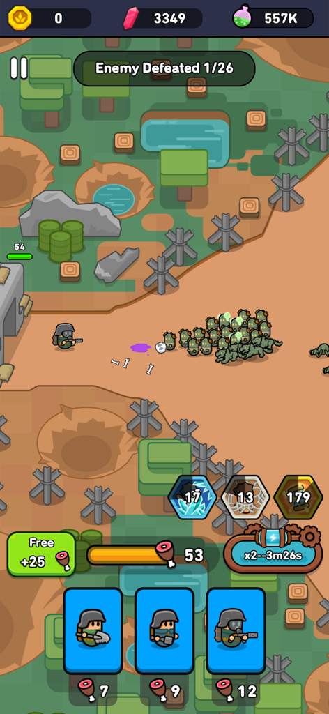 Eternal Empire: Warrior Eras - Eternal Empire Warrior Eras gameplay showing a soldier attacking a group of monsters on a battlefield with strategy cards and resource bars