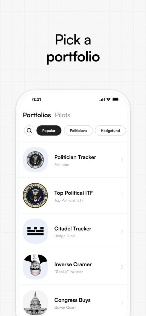 List of investment portfolios in the Autopilot app including politician and hedge fund trackers