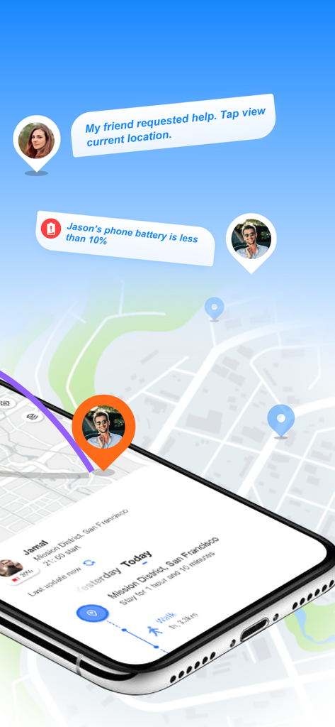 실시간 위치, 도움 요청 및 배터리 상태 알림이 포함된 지도의 Family Tracker 앱 인터페이스