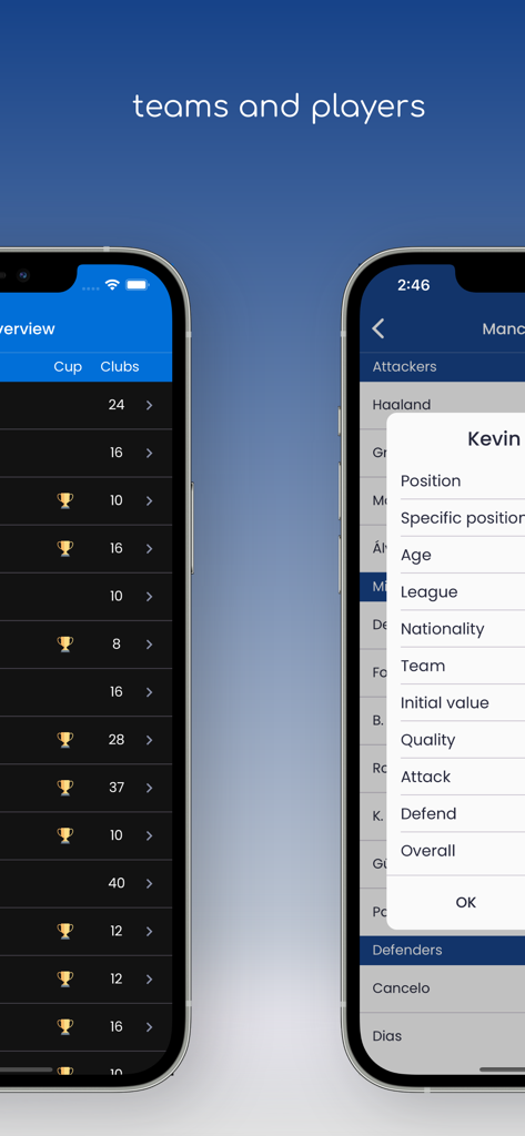 OSM Tactics, AI Tactics - Mobile interface displaying soccer team statistics and detailed player scouting info