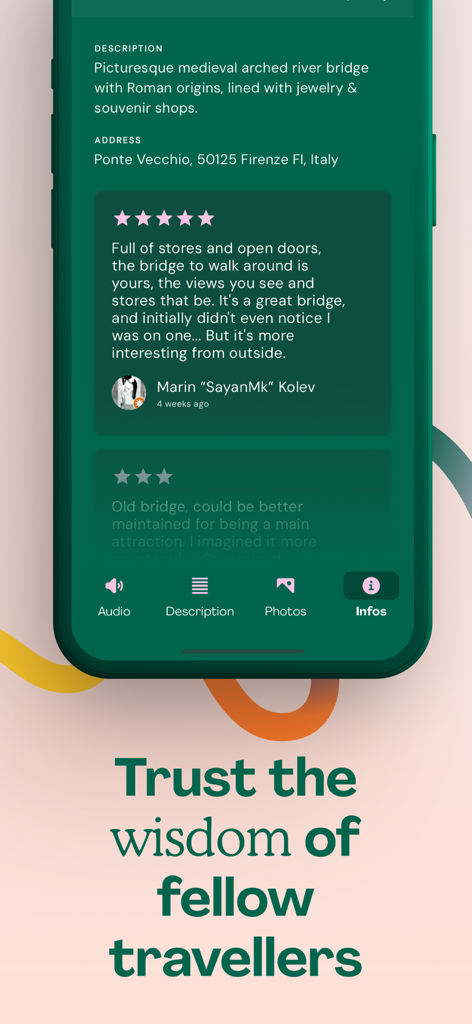 Audiala: Universal Tour Guide - Interface de l'application Audiala montrant les avis et évaluations des utilisateurs pour le Ponte Vecchio en Italie