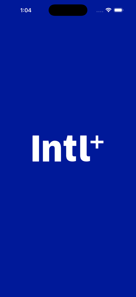 Intl+ - Intl+ news app splash screen with logo on a blue background