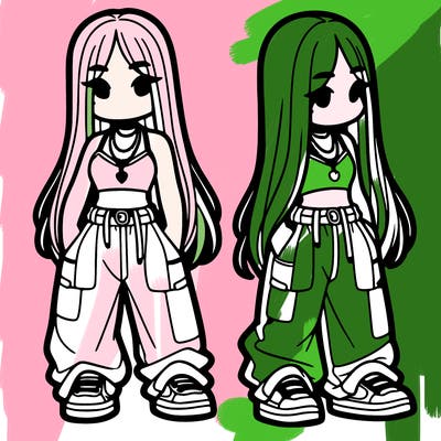 girl in baggy pants crop top and long hair