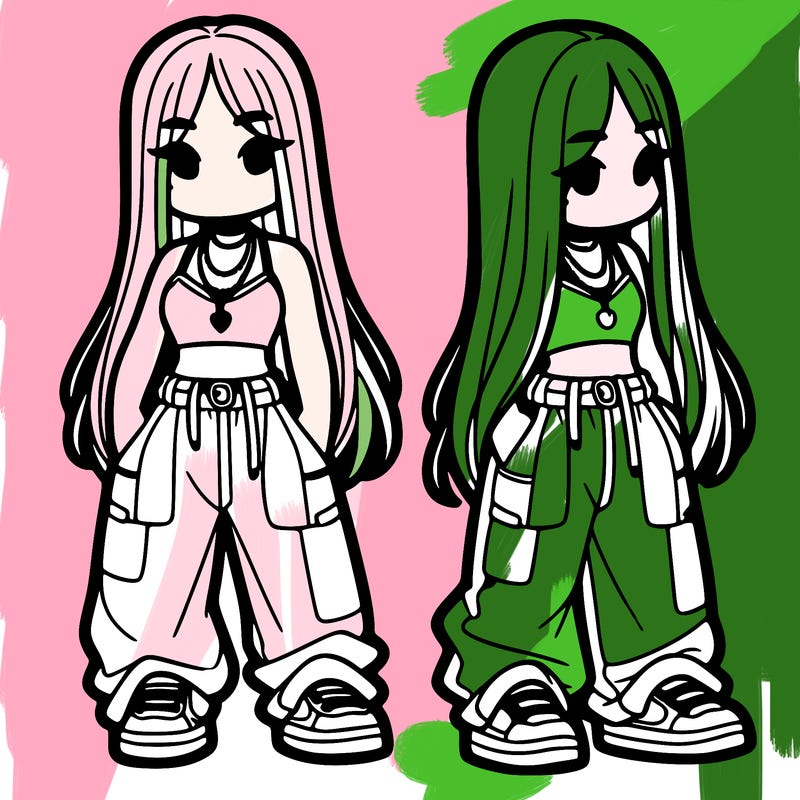 girl in baggy pants crop top and long hair