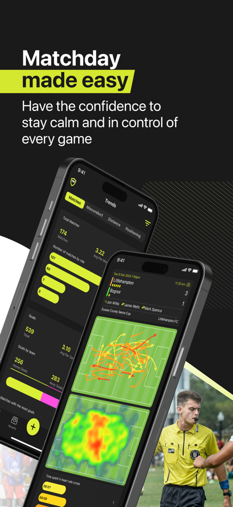 REFSIX - Soccer Referee app - Screenshots of the REFSIX soccer referee app showing match statistics and a GPS positioning heatmap