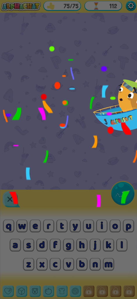 Gameplay screen from Alphachat app showing a character in a boat and a child friendly keyboard interface