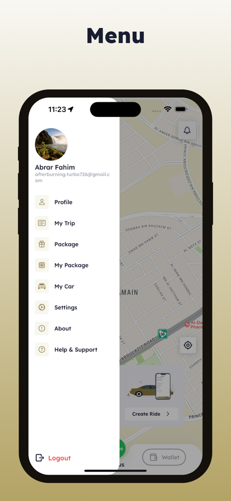 Side menu of the Msar Captain app showing options for profile, trips, packages, and settings over a map interface.