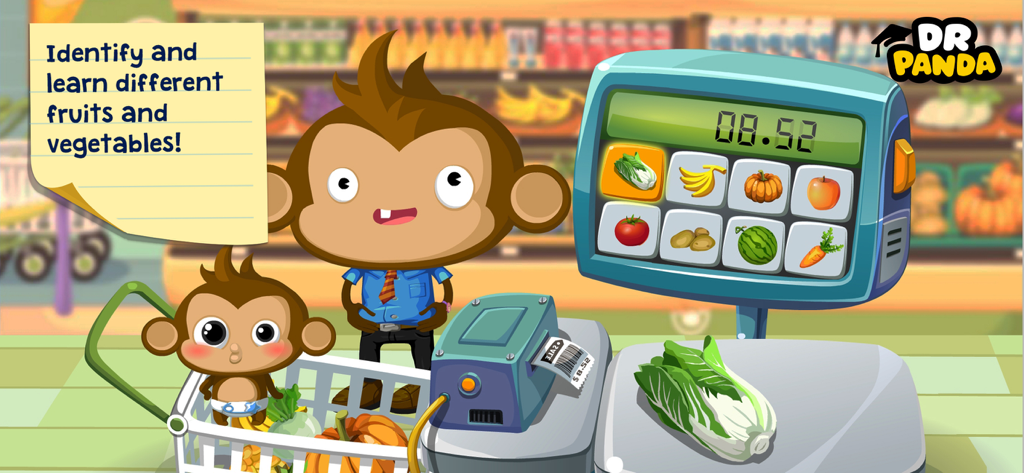 Dr. Panda Supermarket - Un personaggio scimmia pesa i prodotti nell'app educativa Supermercato Dr. Panda.