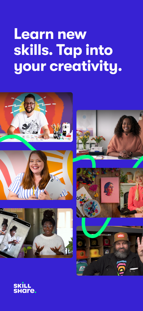Skillshare promotional screen showcasing various creative instructors with the text Learn new skills Tap into your creativity