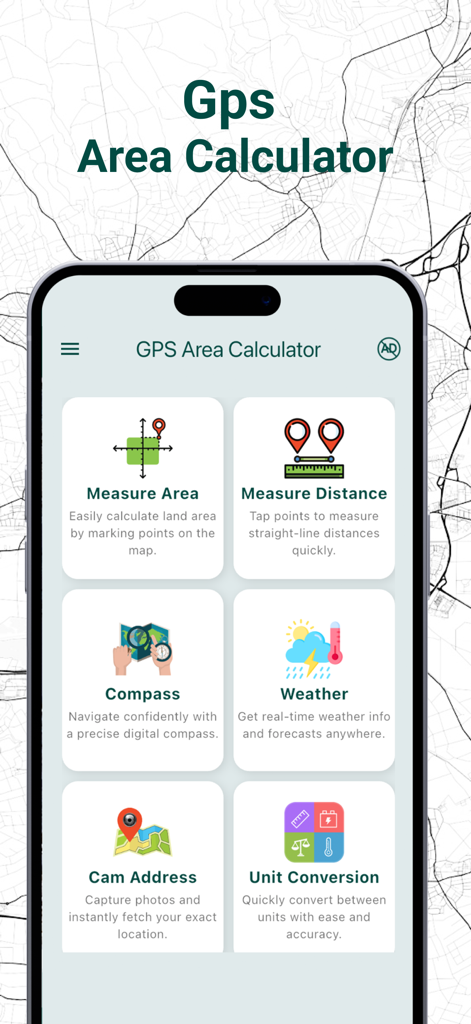 Live GPS Land Area Calculator - Menú principal de la aplicación Calculadora de Área de Terreno GPS que muestra herramientas para medición de área, medición de distancia, brújula y clima