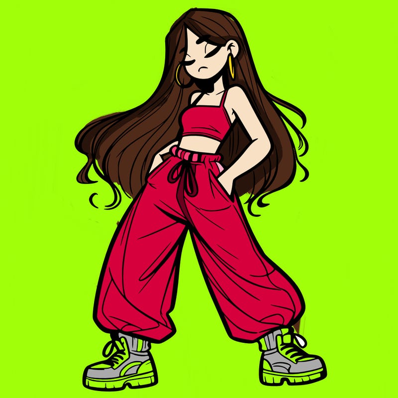 girl in baggy pants crop top and long hair