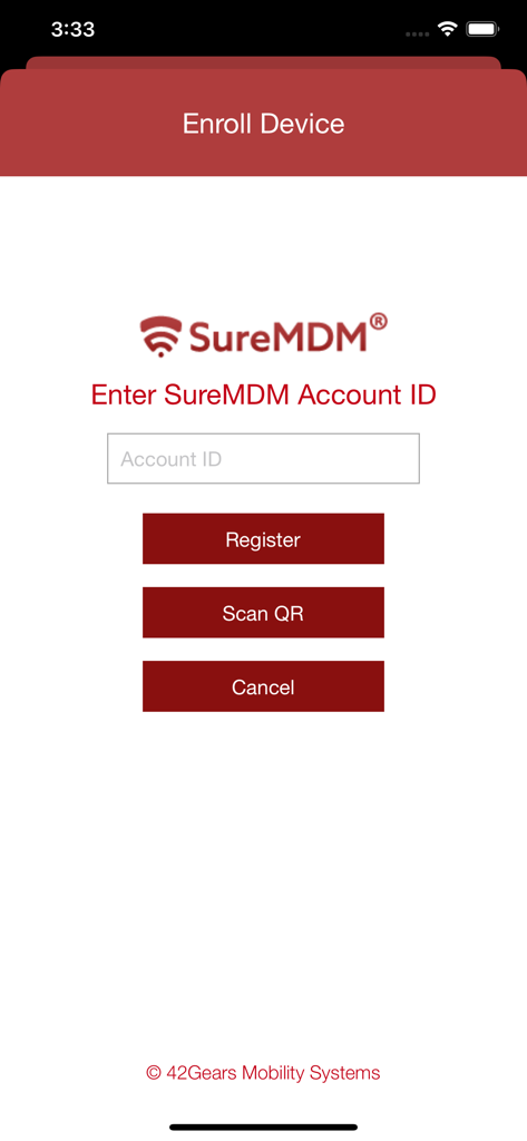 SureMDM Agent app enroll device screen with account ID input and register buttons