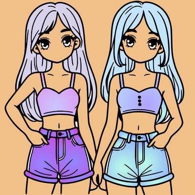 two sisters with crop tops and jean shorts and straight hair